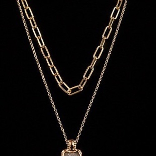Layered Necklace Polished Gold Paperclip Cable Chain Crystal Rectangular Druzy