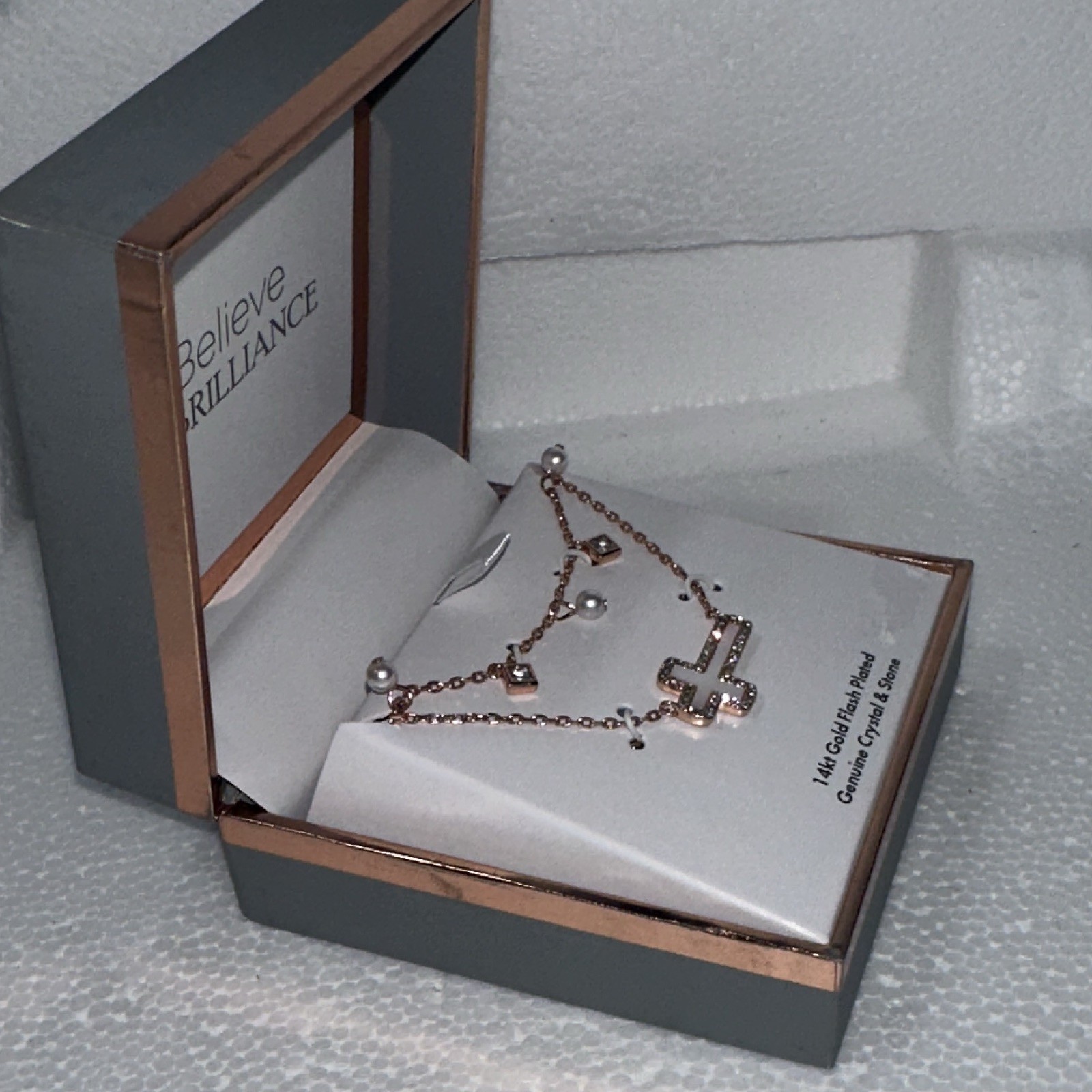 Believe by BRILLIANCE 14k Gold Flash Plated Rose Gold Layered Cross Necklace