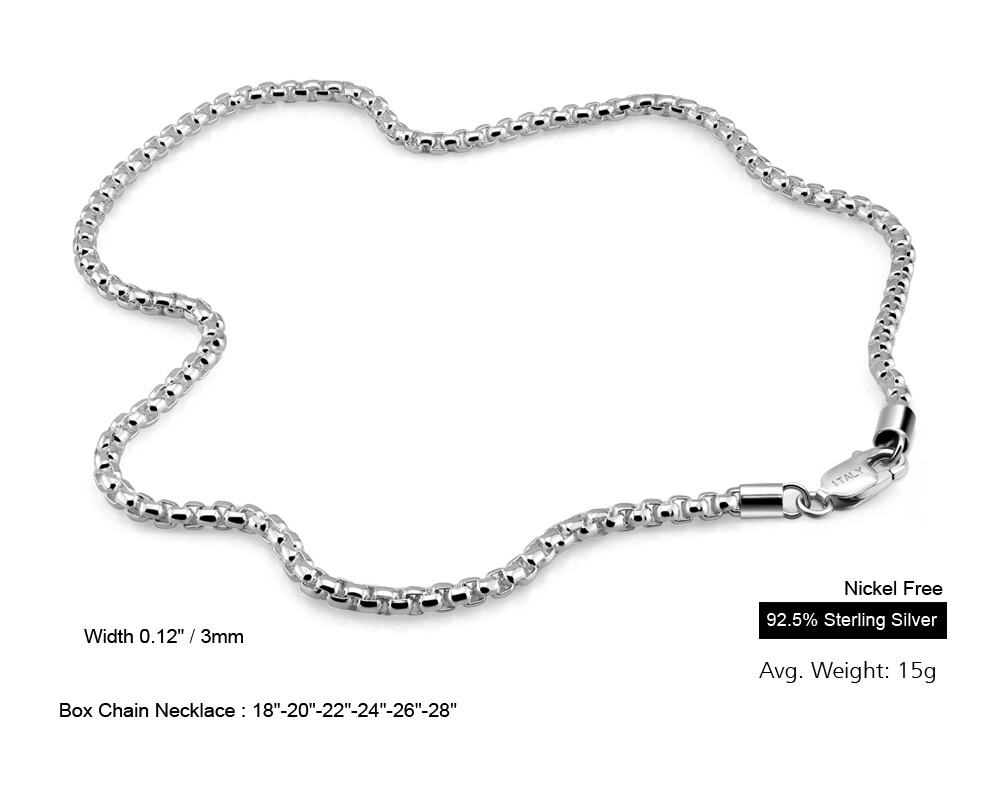 Solid 925 Sterling Silver 3mm Round Box Chain Necklace 18″-28″ for Women & Men