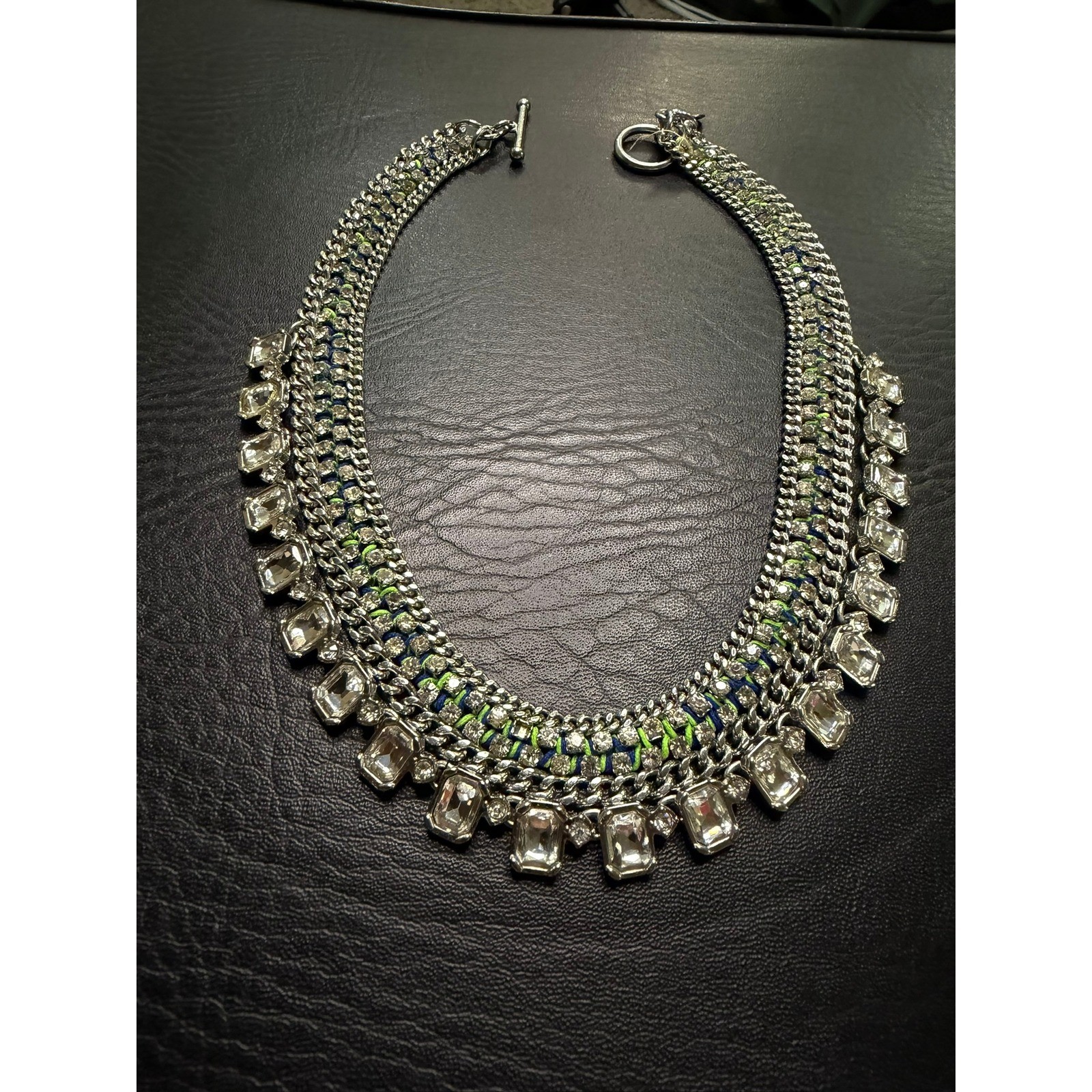 Ann Taylor Silver Tone Crystal Statement Bib Necklace Green Woven Cord Toggle