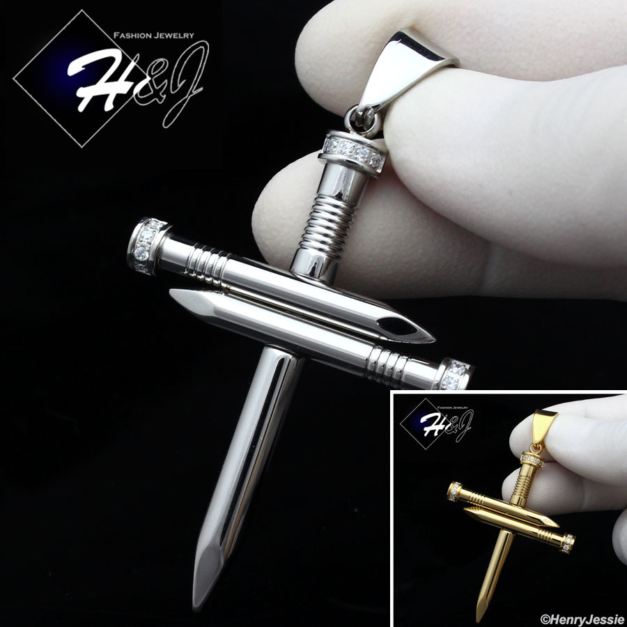 MEN Stainless Steel Icy Bling CZ Silver/Gold Plated 3D Nail Cross Pendant*P104