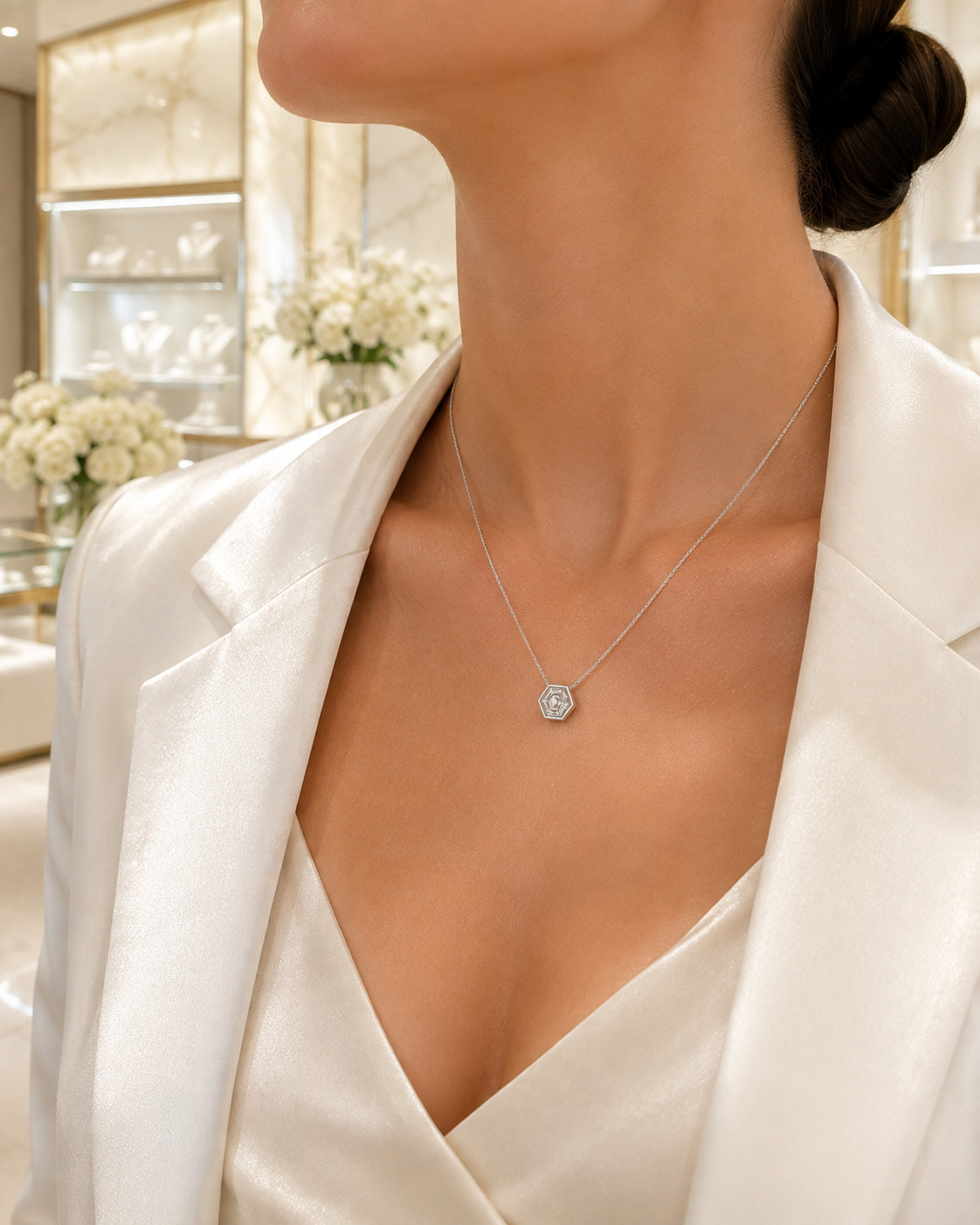 1.03 CT Hexagon Lab Grown Diamond Pendant Necklace 14K White Gold Bezel VS1