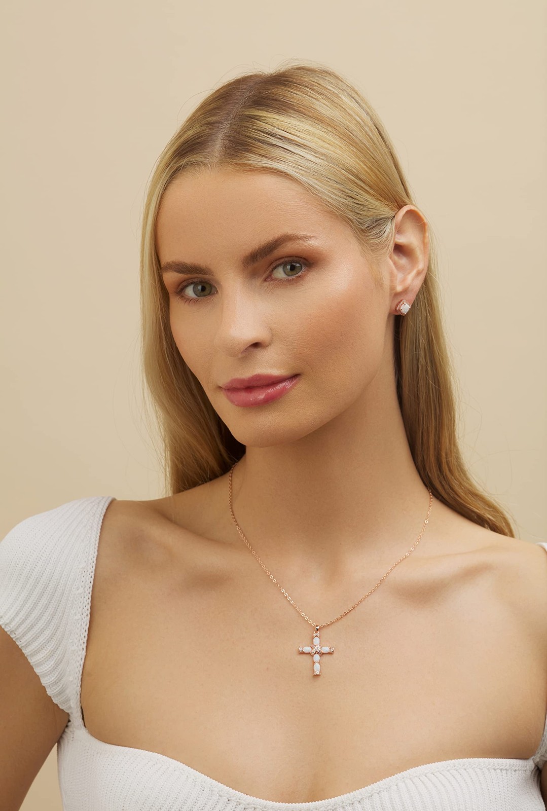 Barzel 18K Rose Gold Plated Created Opal Cross Necklace One Size,