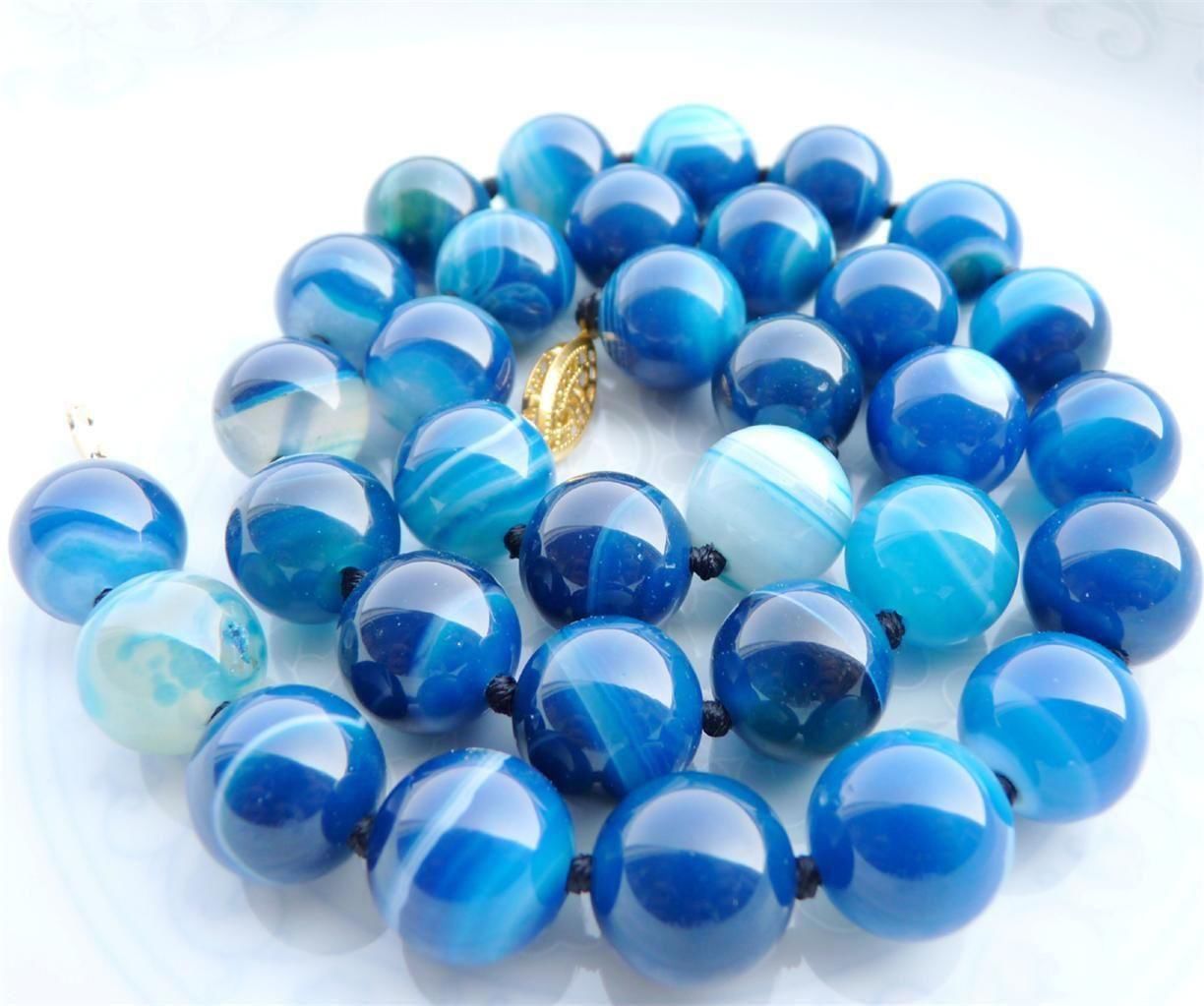 Charming 10mm Blue Striped Agate Gemstone Necklace 18”