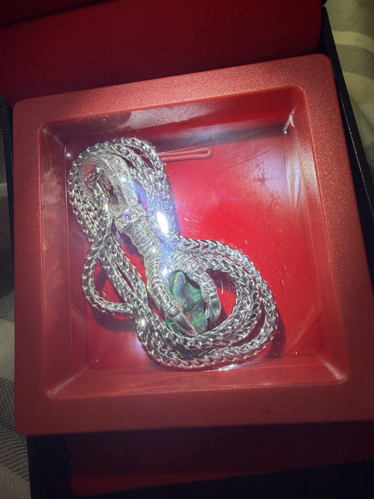 TraxNYC claw Silver Chain free form Opal Pendant Green Stone Prong Set 925silver