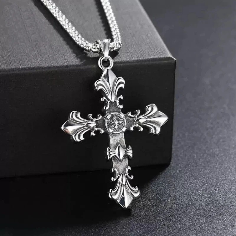 Mens Stainless Steel Cross Necklace Bracelet Set Vintage Silver Jewelry