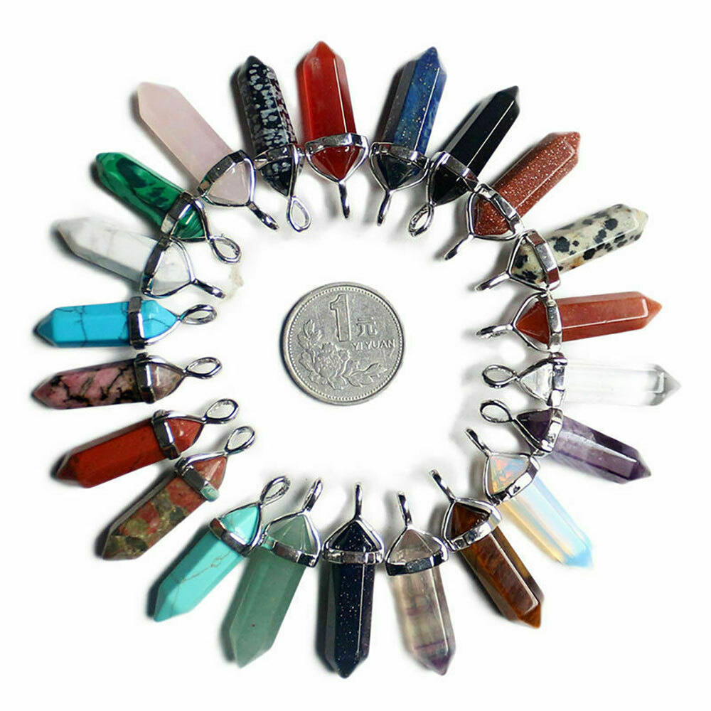 16PCS Healing Glass Gemstones Hexagonal Pointed Reiki Chakra Cap Pendant Bead
