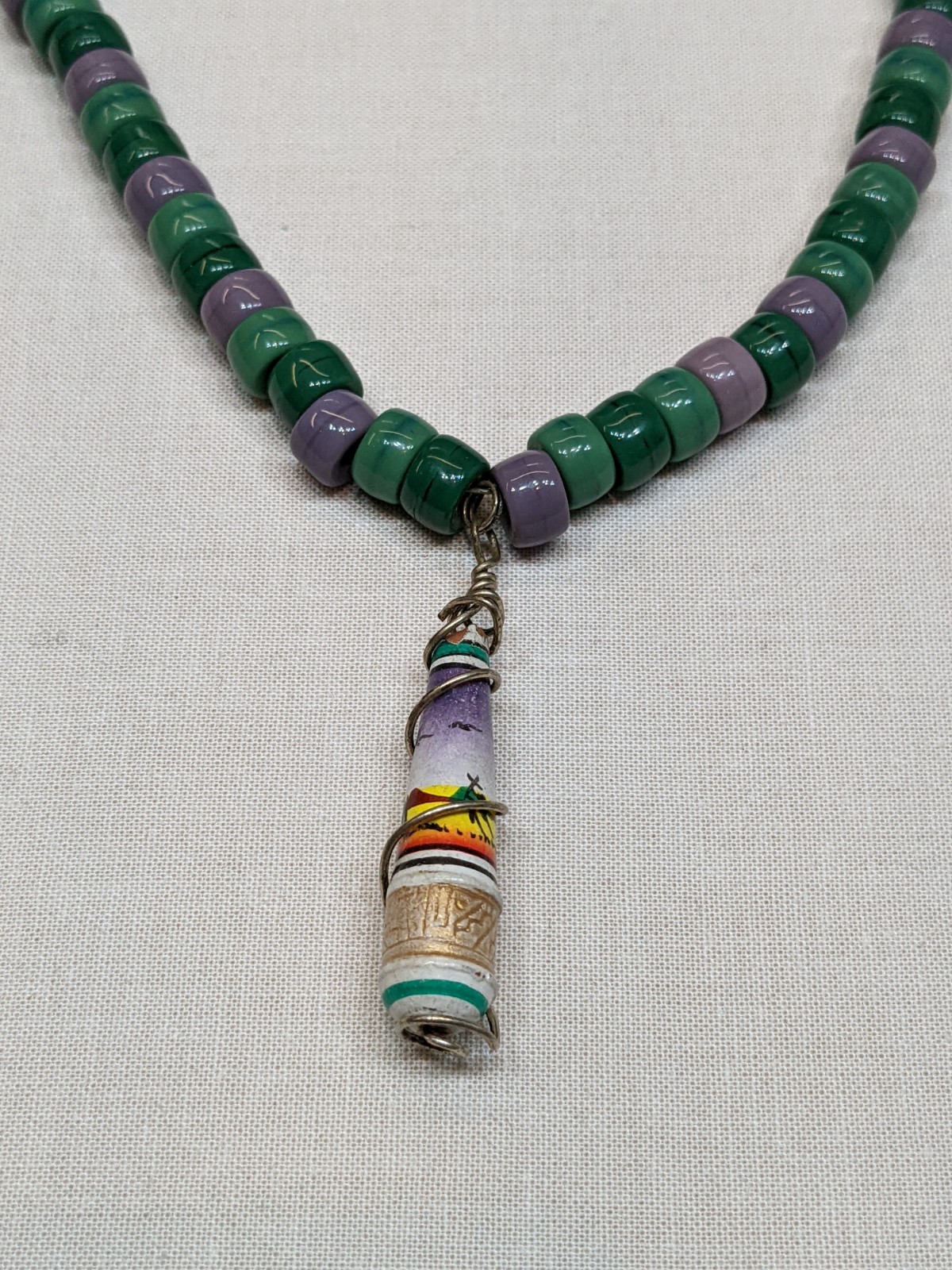 Handmade Glass Bead Tribal Necklace Aztec Ethnic Boho Pendant Long ~30″