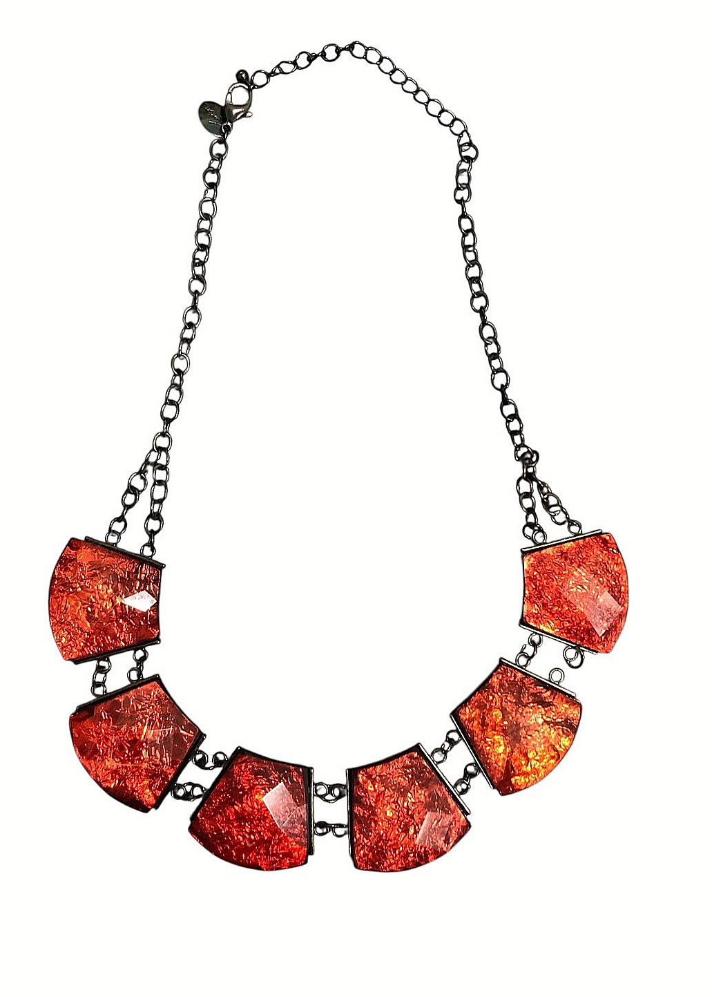 Vintage Handmade Red Geometric Statement Bib Necklace Black Tone Jewelry
