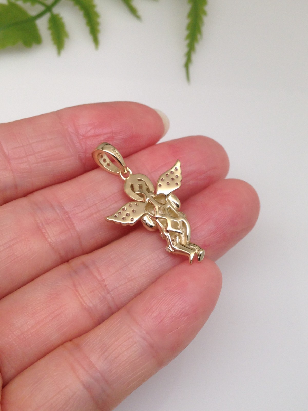 925 Sterling Silver CZ Gold Angel Pendant Small 22mm0.87″/31mm1.22″ Unisex