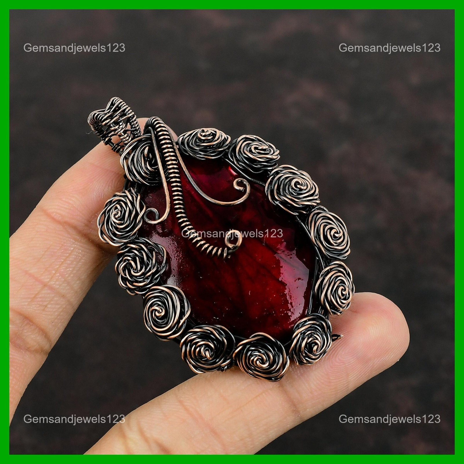 Copper Oval Red Fire Labradorite Stone Wife Boho Flower And Wire Wrapped Pendant