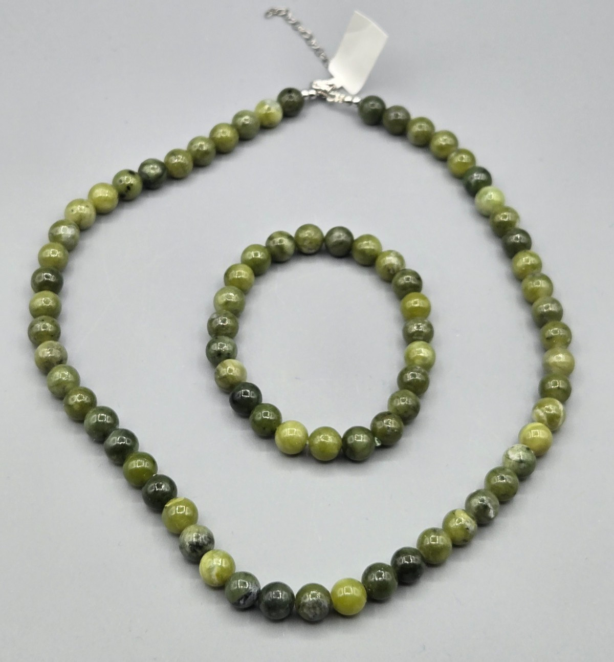 Green Marble 17″ Beaded Necklace w/925 Clasp & ~7.5″ Stretch Bracelet 58 grams