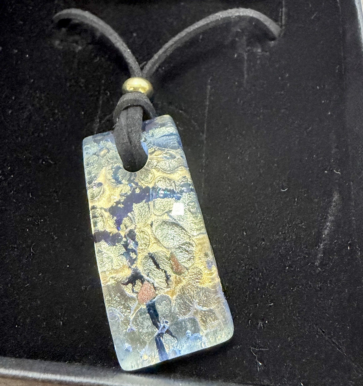 Murano Glass Signed Blue Gold Rectangle Charm Pendant Cord Necklace Italy
