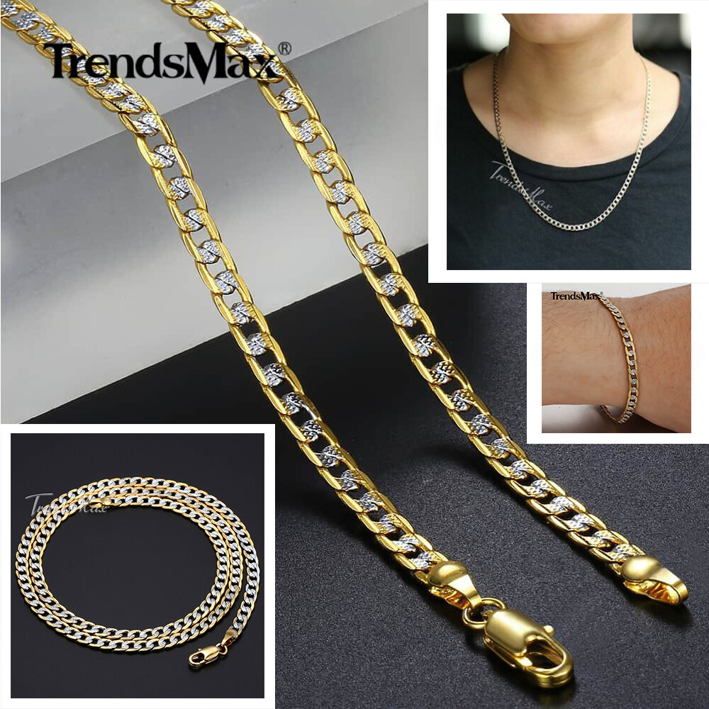 4mm Hammer Curb Cuban Chain Yellow&White Gold Filled Necklace Bracelet Mens Gift