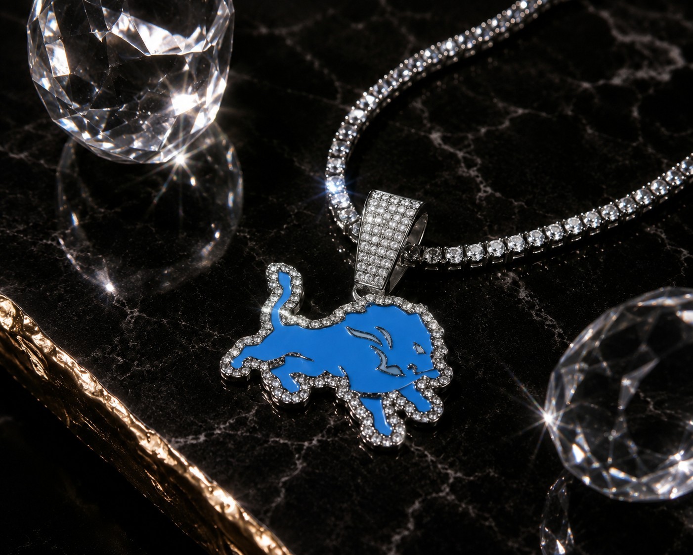 Blue Lion Pendant Necklace Iced Out CZ Silver Tone Tennis Chain Hip Hop Jewelry