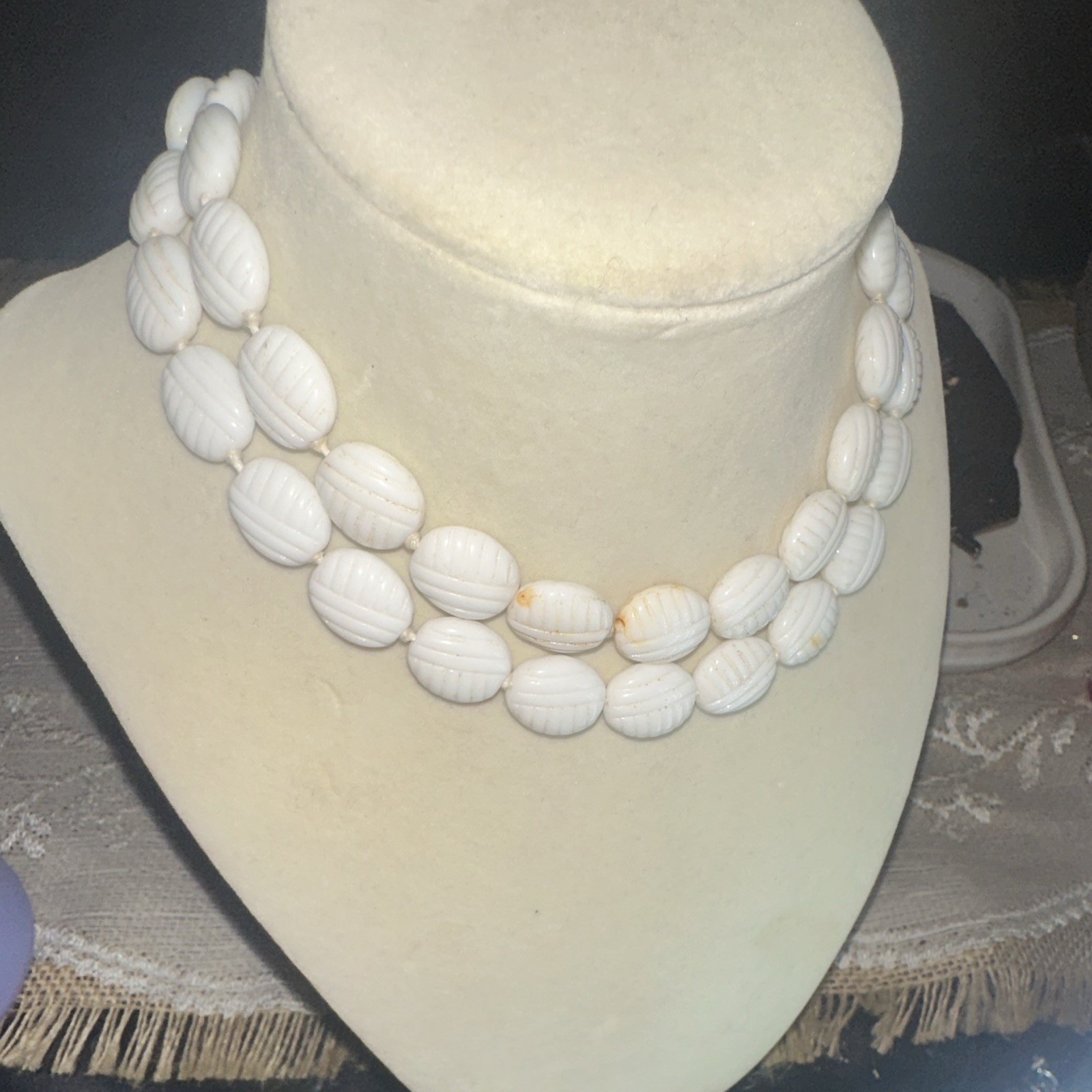 White Plastic Double Strand Oval Beaded Statement Necklace, No Stone