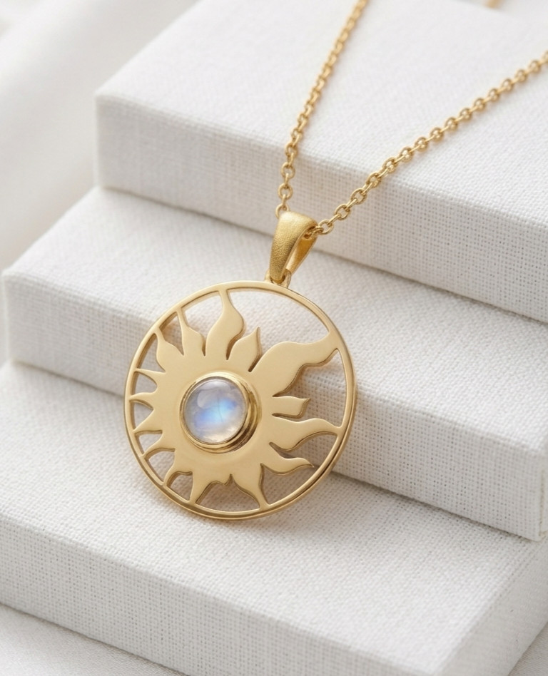 Celestial Sun Design Brass Moonstone Pendent Gold Color Crafted Comes With Chain