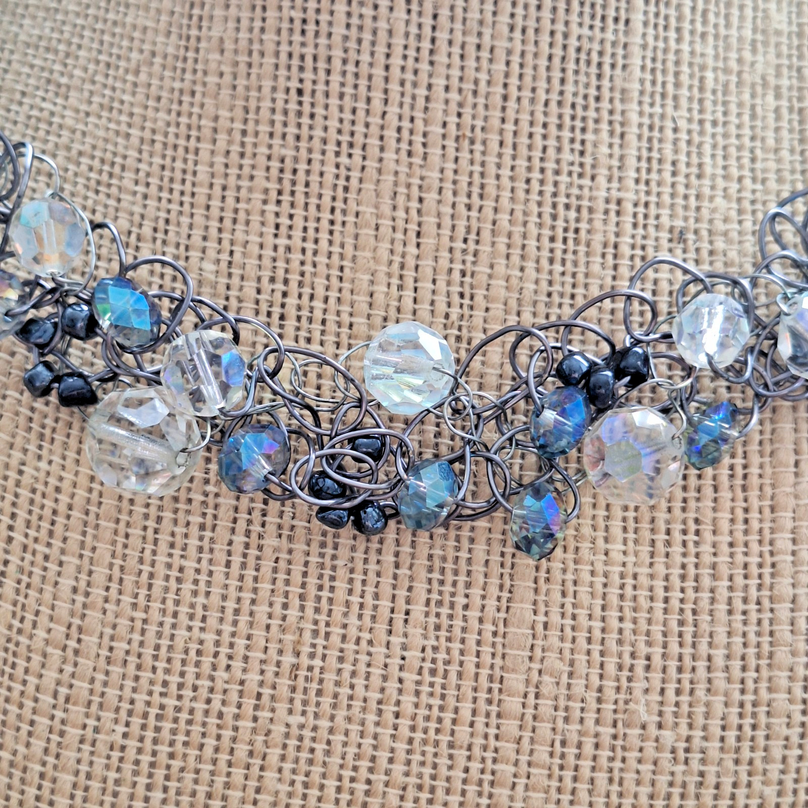 Handmade Glass Necklace Ab And Clear Beads Bib Chocker Adjustable Necklace 18.5″