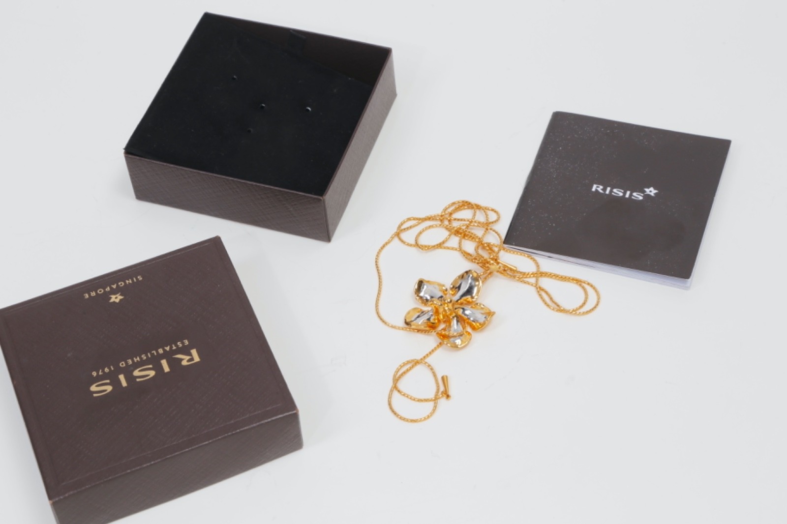 RISIS 24K Gold Palladium Plated Natural Orchid Slider Lariat Bolo Necklace Box