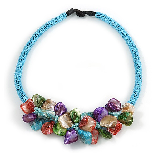 Light Blue Glass Bead/ Multicoloured Shell Floral Necklace – 48cm Long