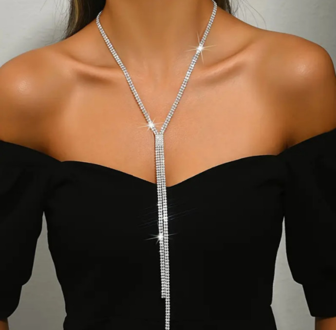Elegant Rhinestone Necklace Long Lariat Y Drop Tassel Chain STUNNING Sparkle New
