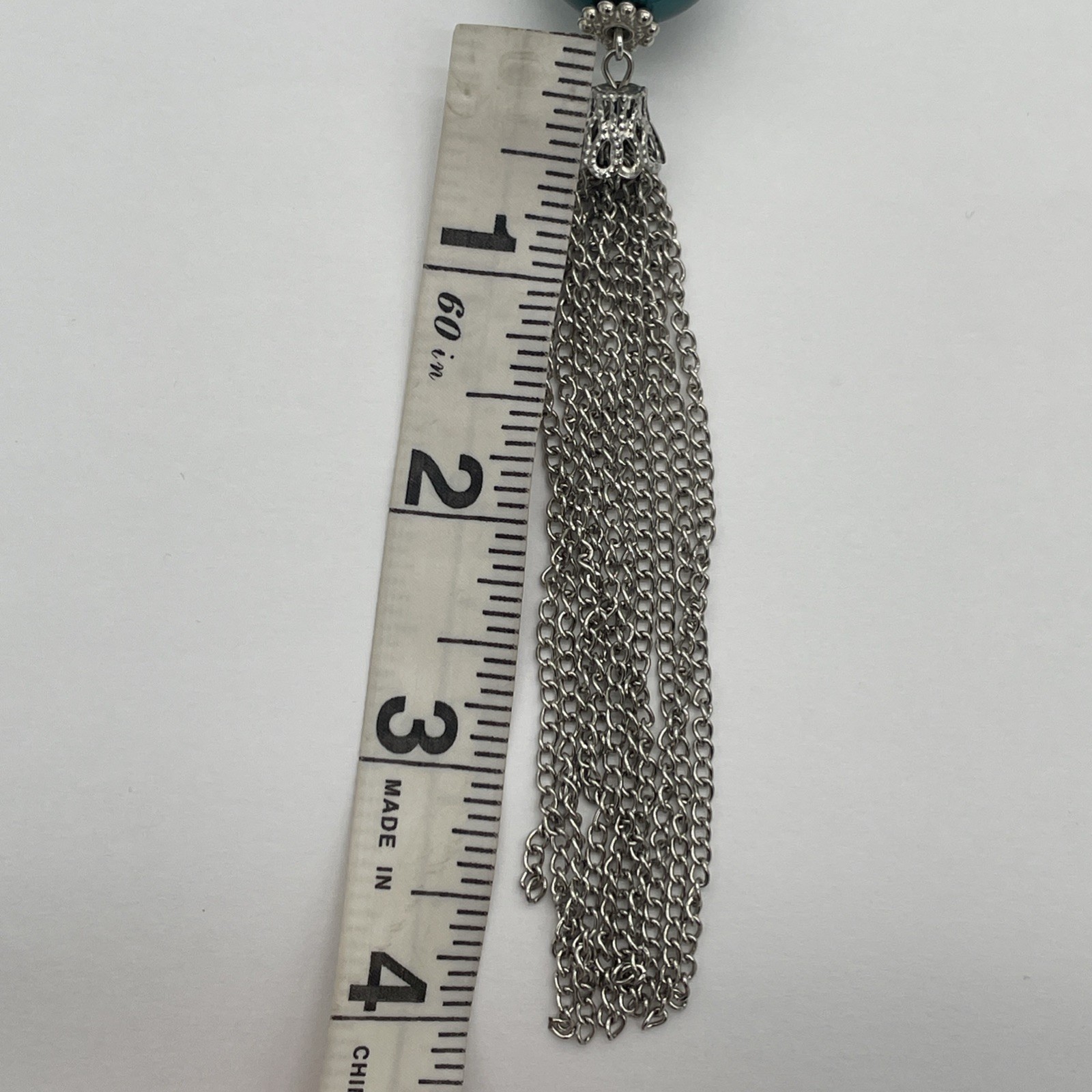 Unbranded Silver Tone Cable Chain Necklace With Blue Metallic Pendant & Tassels
