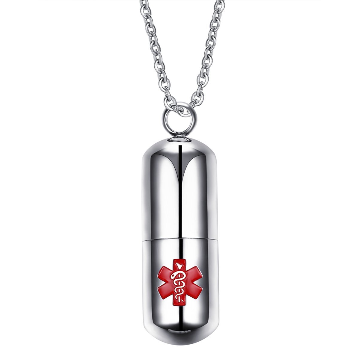 Stainless Steel Pill Shape Keepsake Holder Medical Alert ID Pendant Necklace 20″