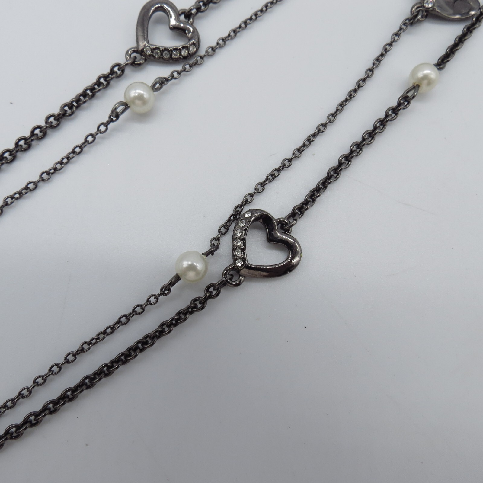 Black Heart Chain Necklace Rhinestone Faux Pearl Everyday Wear 28″