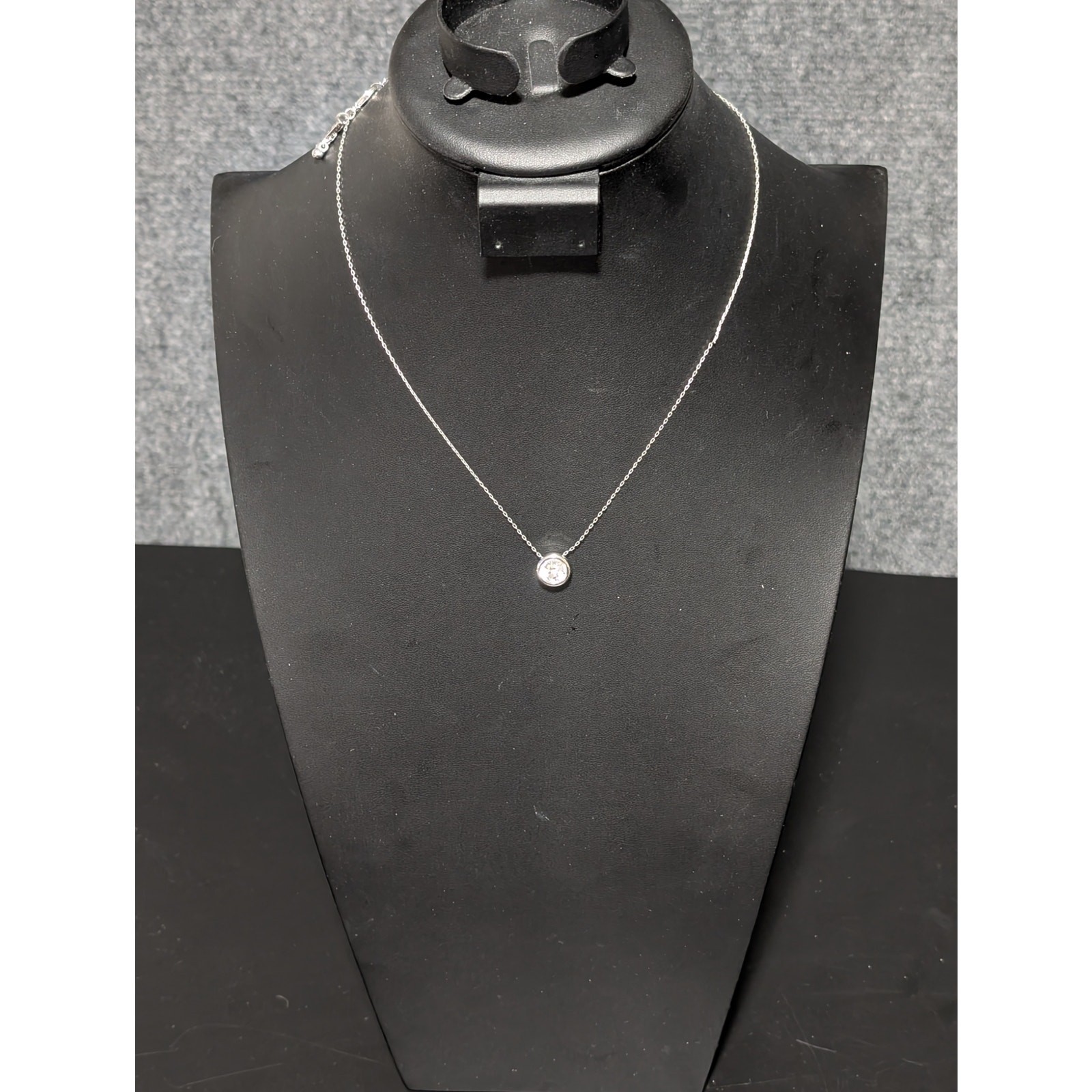 White House Black Market Signed Silver Tone Necklace With Bezel Set CZ Pendant