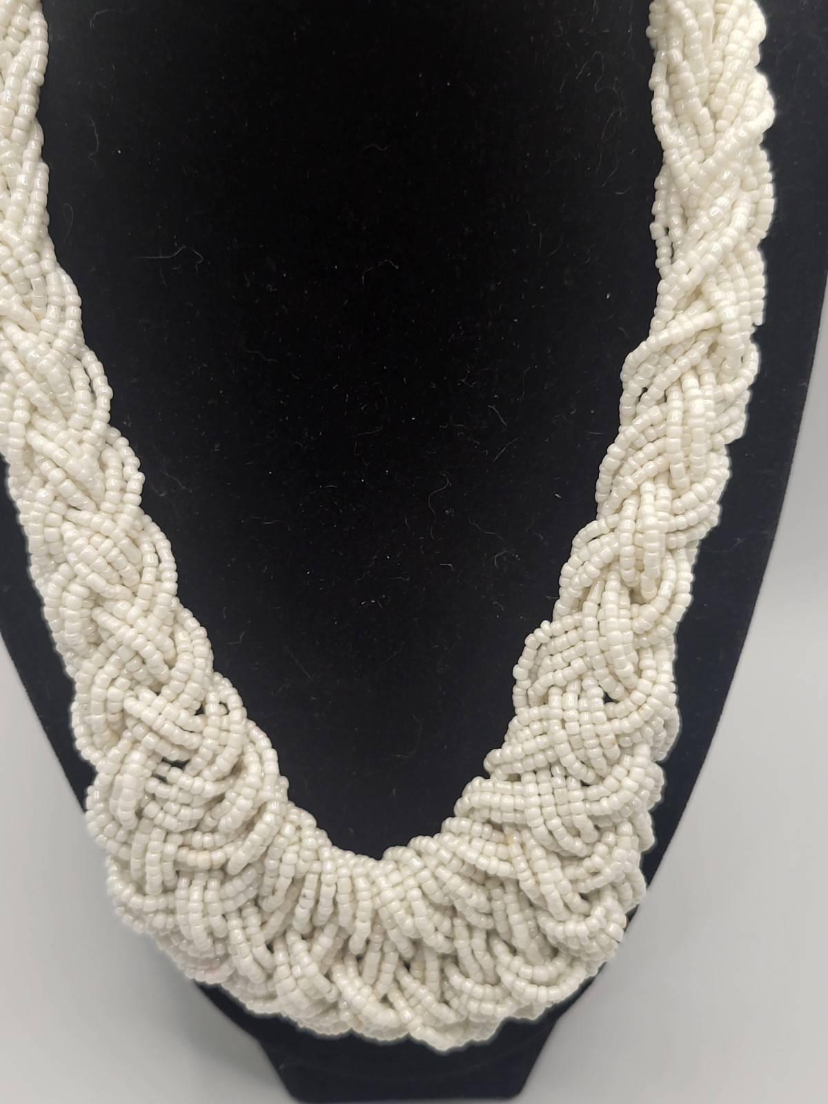 Hand Crafted White Braided Beaded Chunky Necklace Multiple Strands 24″ Adjust