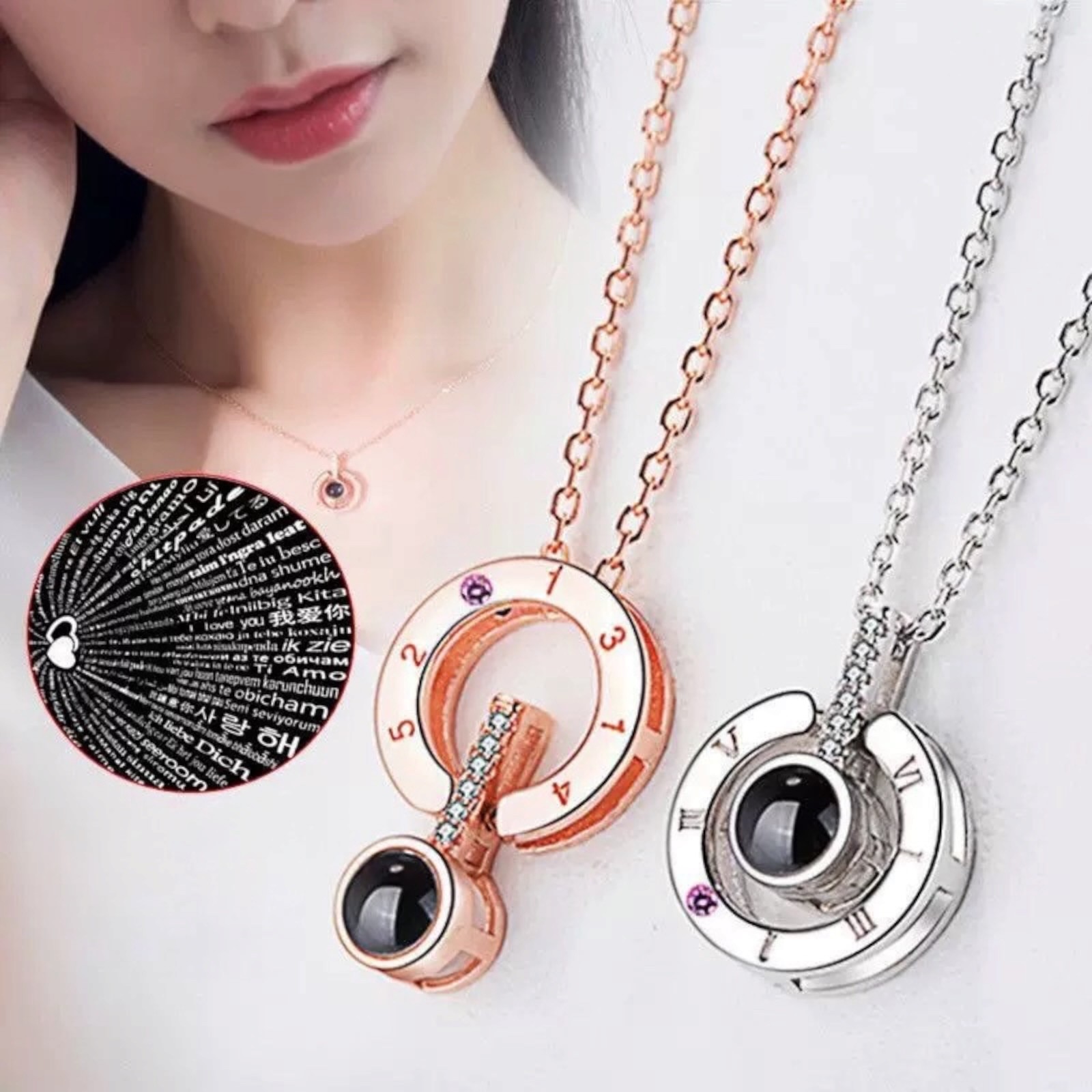 I LOVE YOU In 100 languages Projection round shape Necklace Memory Of LOVE C27