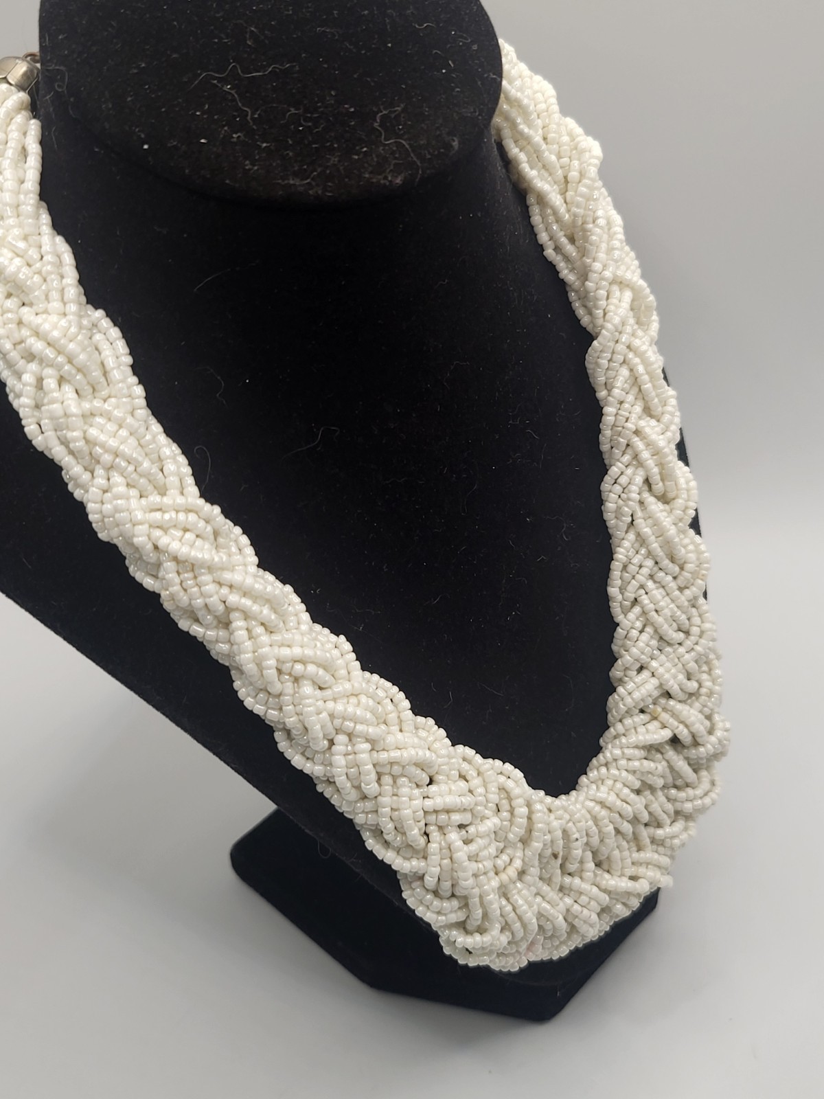 Hand Crafted White Braided Beaded Chunky Necklace Multiple Strands 24″ Adjust