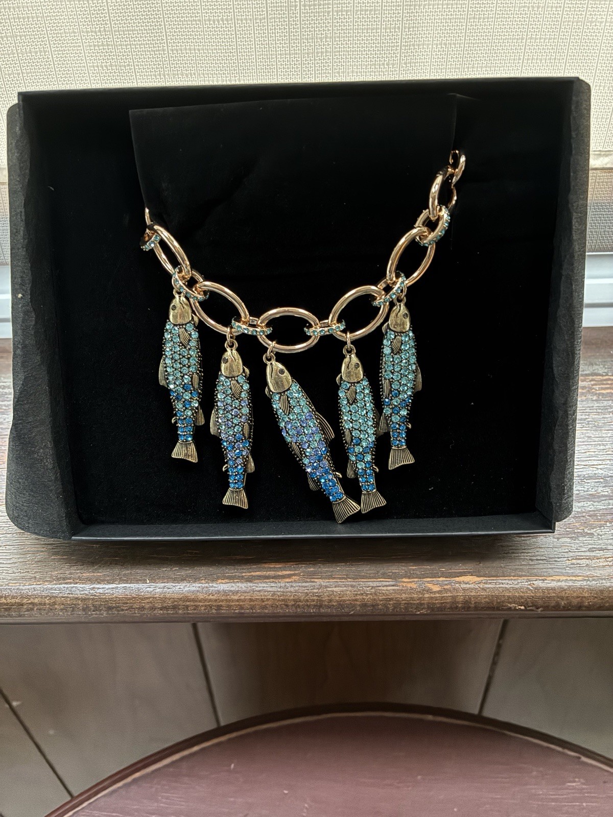 Betsey Johnson Gold-Tone Sardine fish Necklace w/ Blue Rhinestones