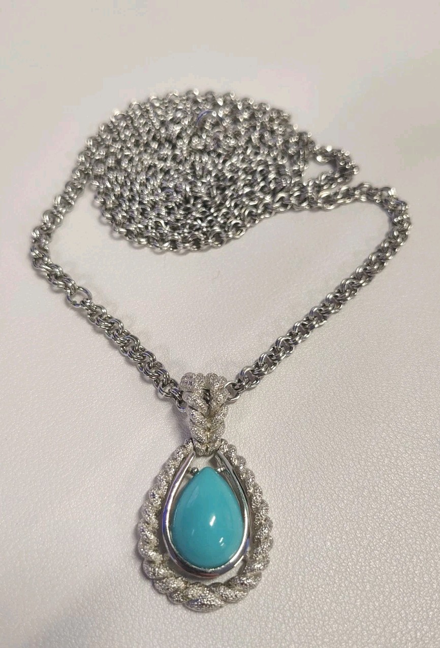 Vintage Avon Layered Necklace Blue Cabochon Pendant Silver Tone Rope Chain #87