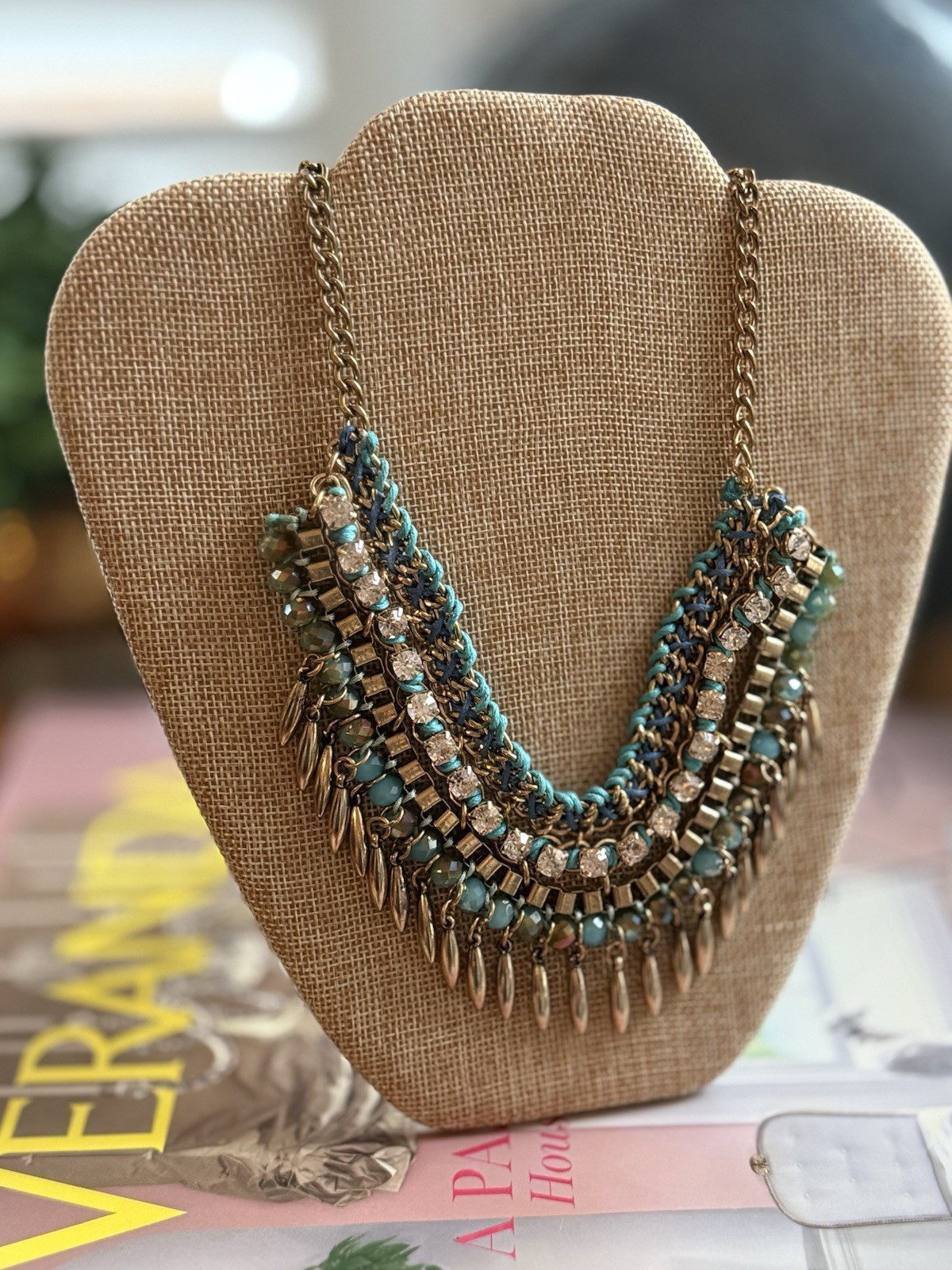 Cara New York Necklace Turquoise Gold Rhinestone Multi Statement Piece