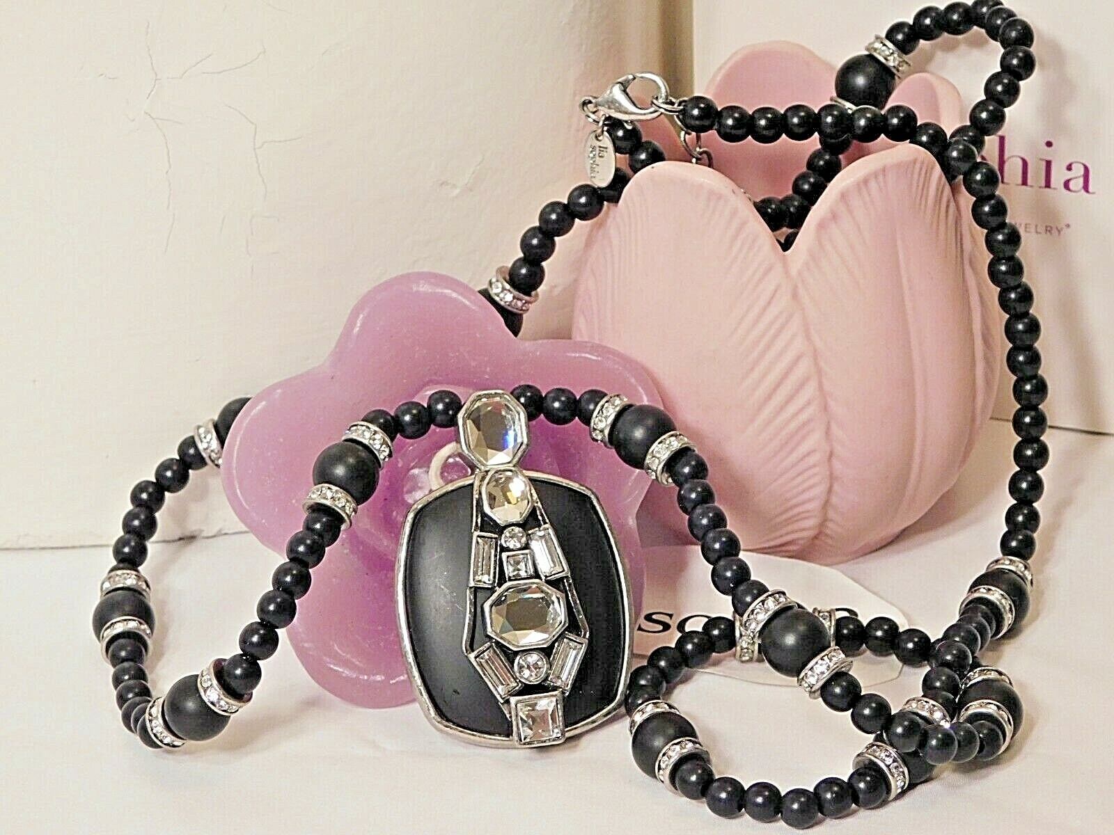 Beautiful Lia Sophia All-Black “TONI ANN” Necklace, 36-39″, Cut Crystals, NWOT