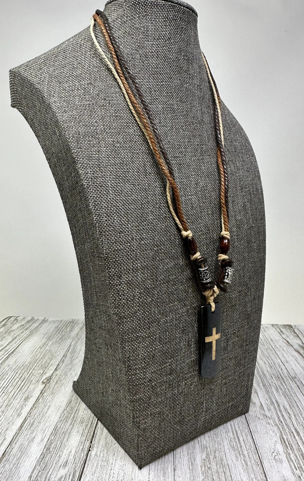 Boho Brown Cross Necklace Resin Pendant 1.75” | Multi Strand Earthy Cord