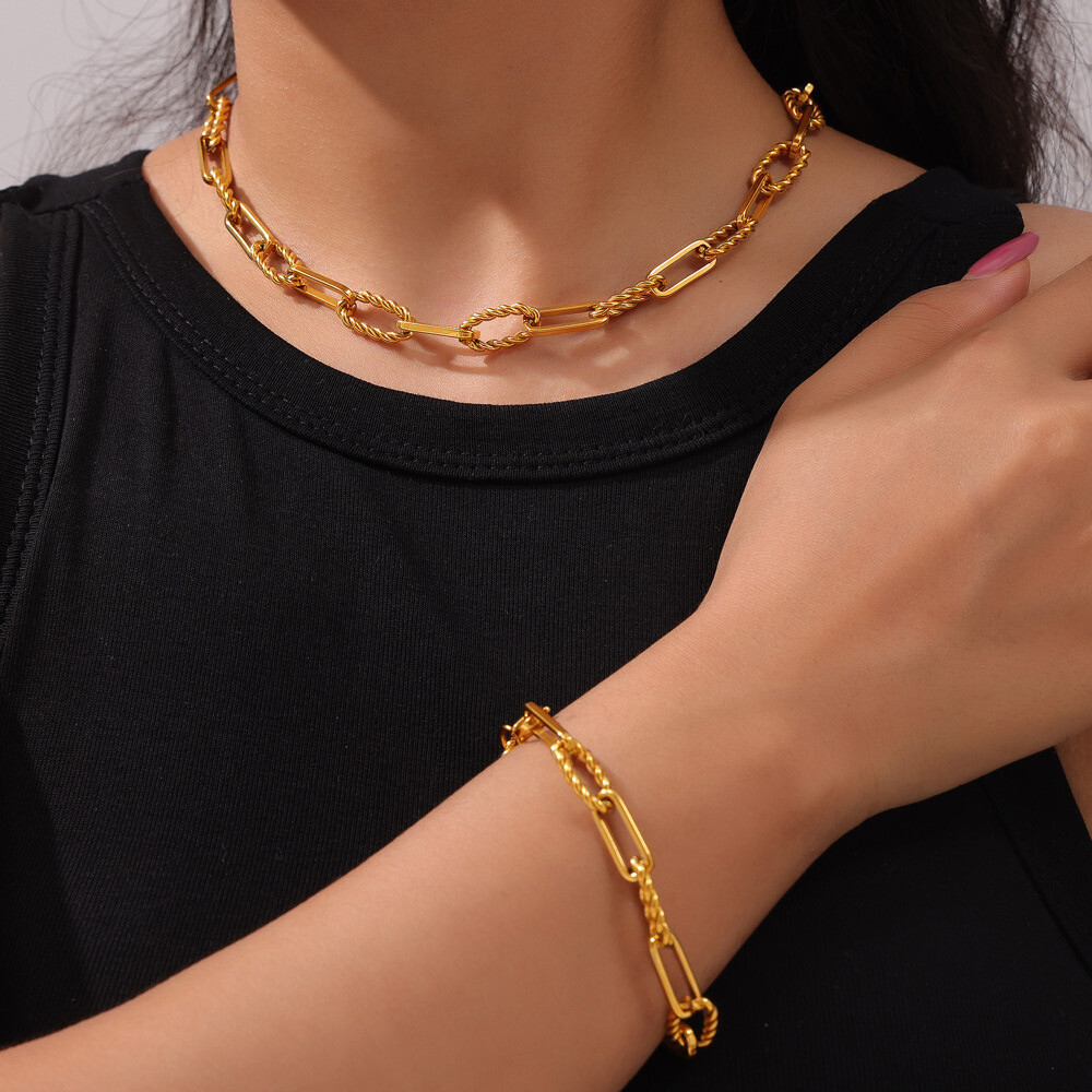 Fashion Woman 18K Gold Plated Paper Clip Chain Rope Necklace Bracelet Bangle