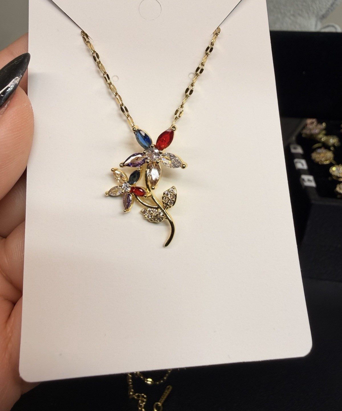 Gold Plated Multicolor Rhinestone Flower Pendant Cable Chain Necklace
