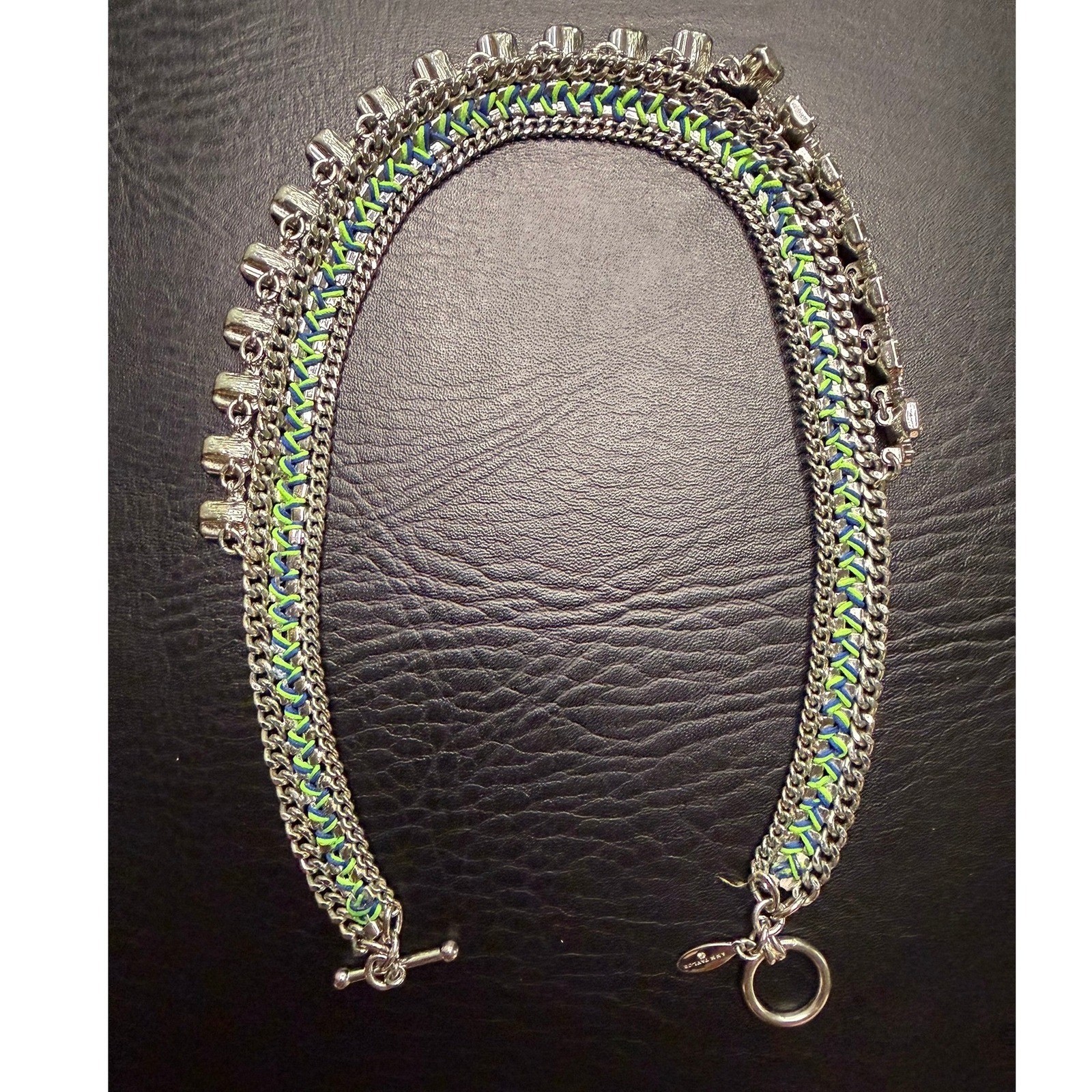 Ann Taylor Silver Tone Crystal Statement Bib Necklace Green Woven Cord Toggle