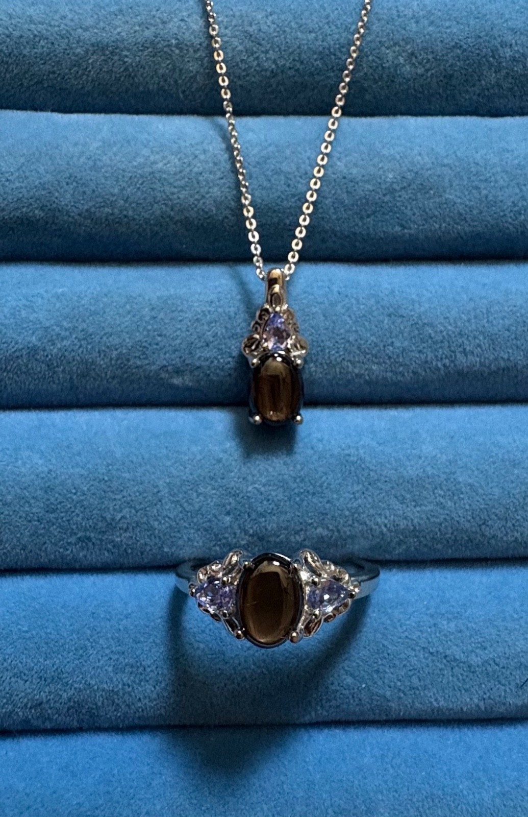 Bankacha Natural Black Star Sapphire, Tanzanite Ring (Size 10) and Necklace-20in