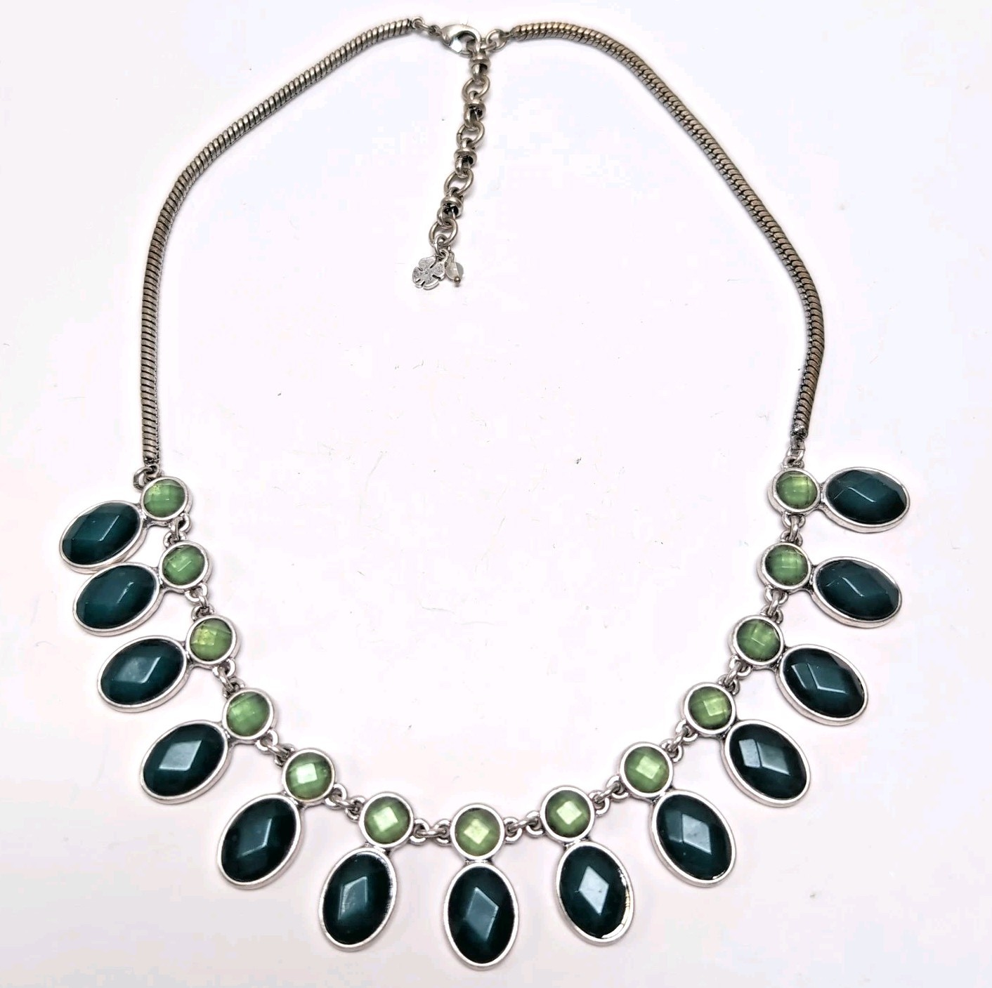 Lucky Brand Statement Necklace Silver Tone Snake Chain Green Faceted Ovals