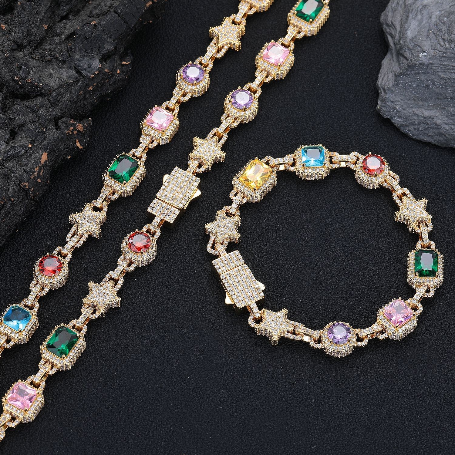 10mm Hip Hop Colored Zircon Crystal Star Chain Necklace Bracelet Choker Jewelry