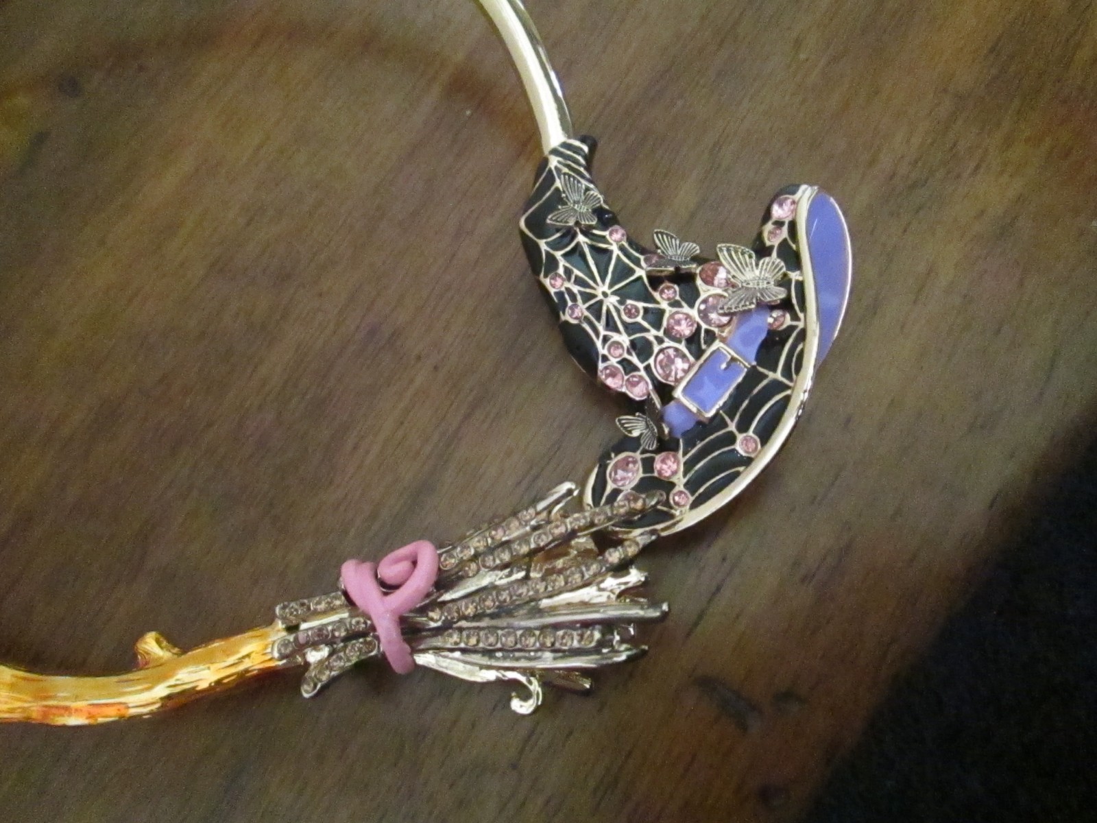 Betsey Johnson Halloween Witchy Broom Collar Necklace Enamel Crystal Gold Purple
