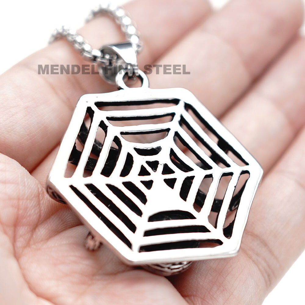 MENDEL Mens Womens Black Onyx Widow Spider Web Pendant Necklace Stainless Steel
