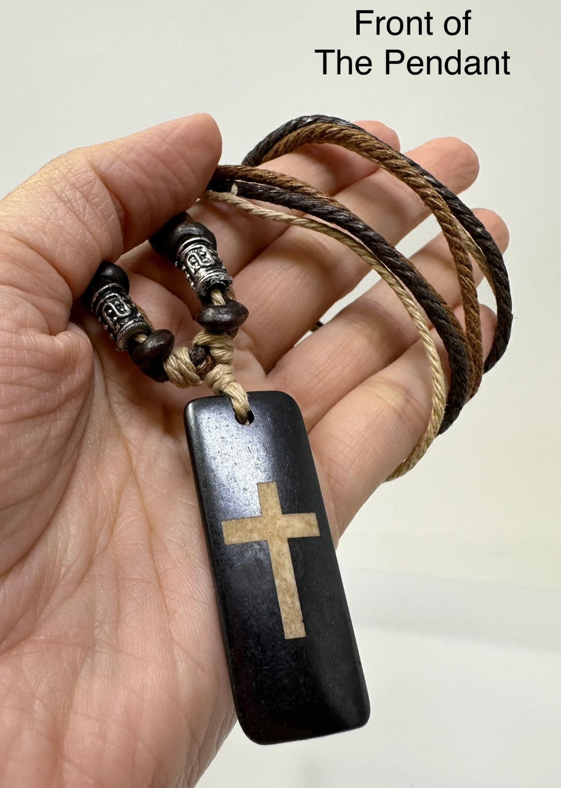 Boho Brown Cross Necklace Resin Pendant 1.75” | Multi Strand Earthy Cord