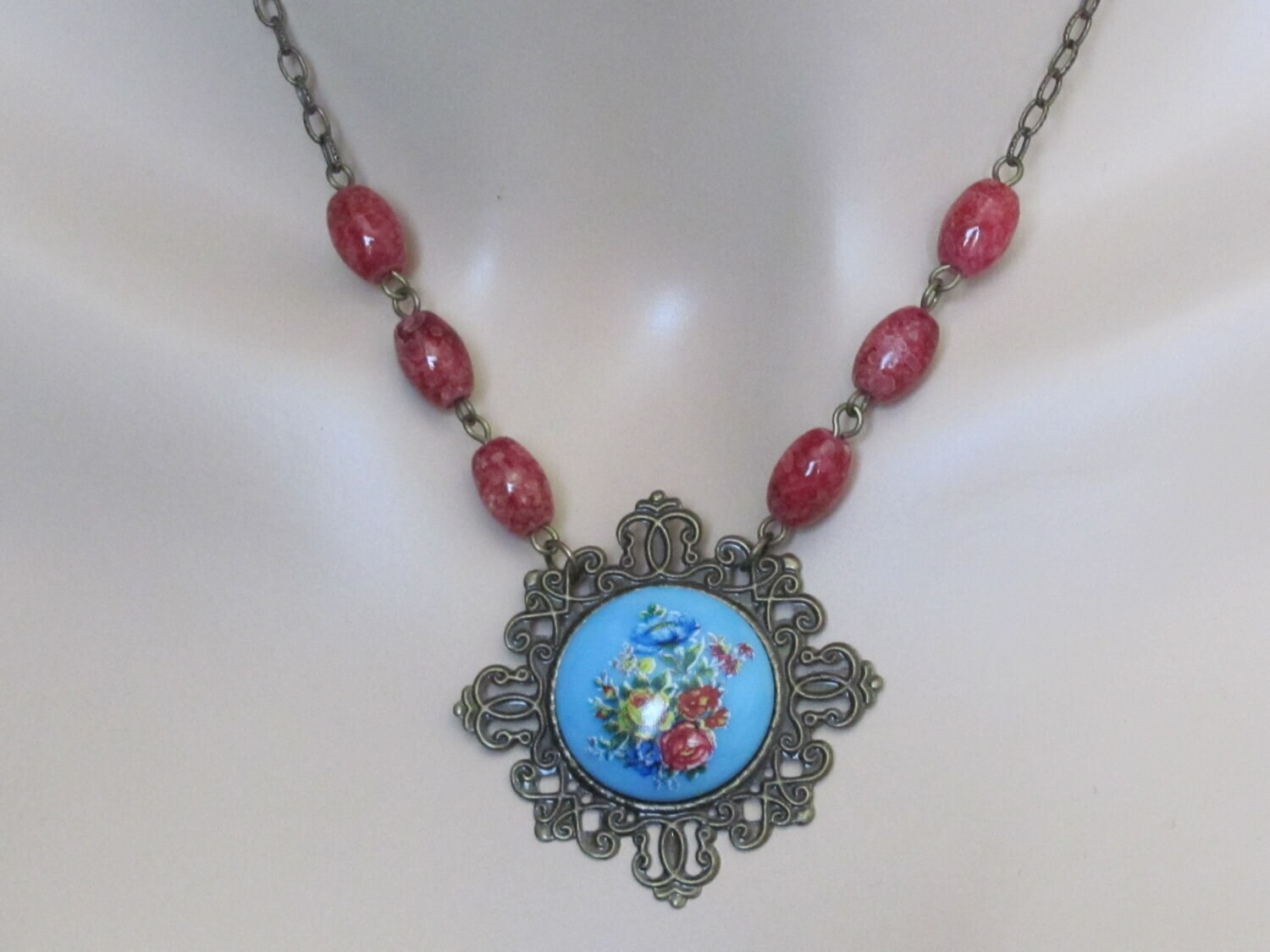 Retro Western Rockabilly Cabochon Pendant Necklace Floral Red Blue Cowgirl Boho