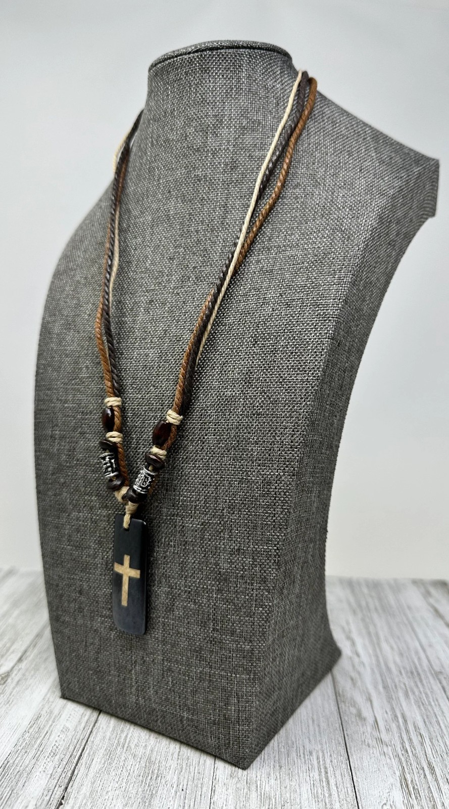 Boho Brown Cross Necklace Resin Pendant 1.75” | Multi Strand Earthy Cord