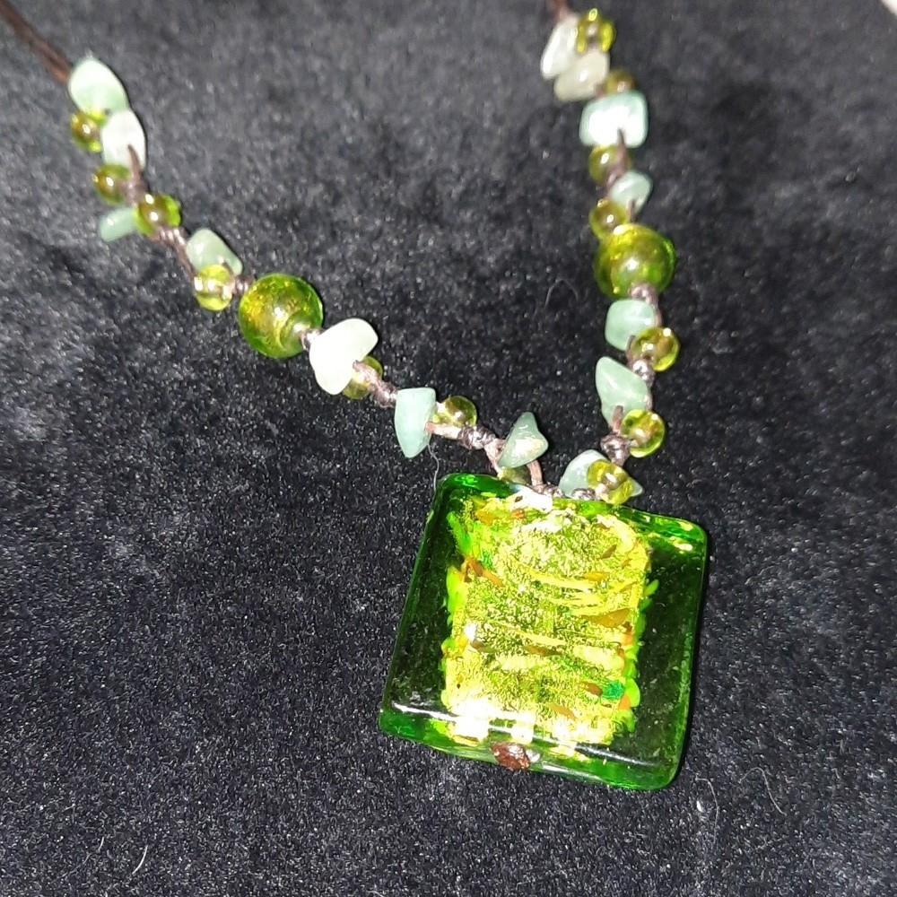 art glass and stone nugget necklace on 16in cord