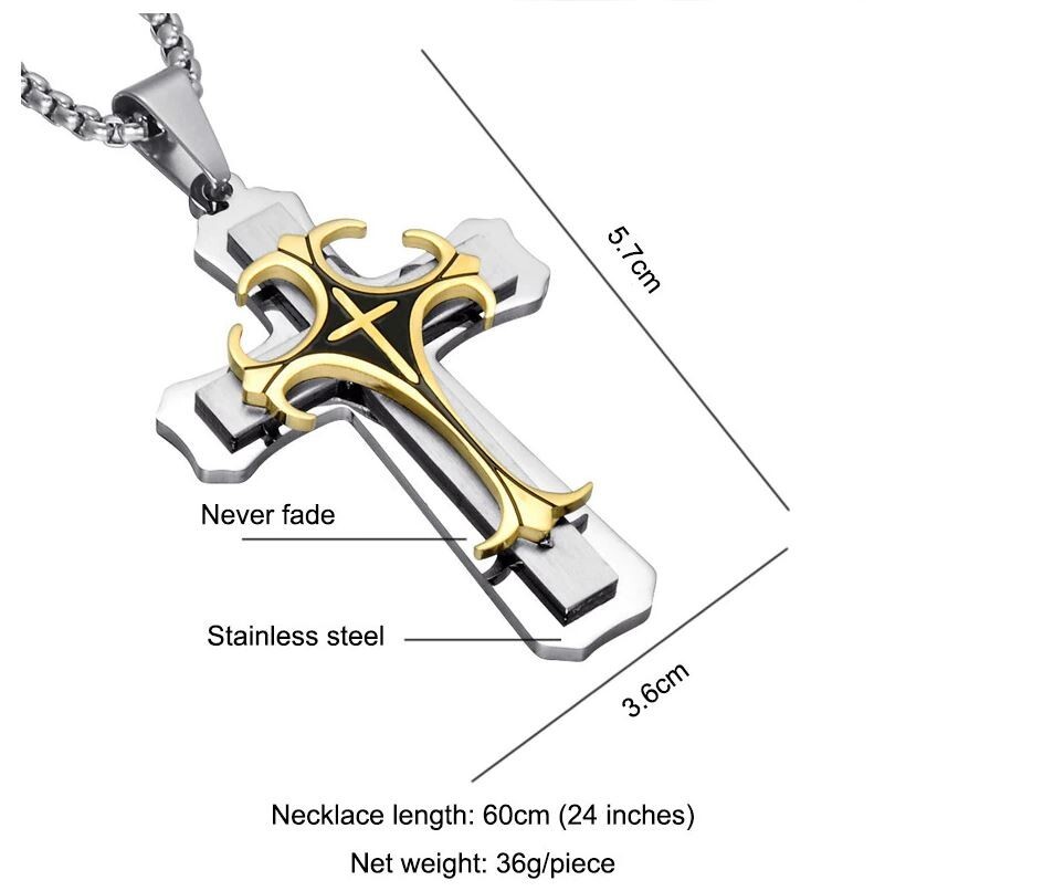 Cross Pendant Necklace Stainless Steel Crucifix Cuban Gold Black Men Unisex